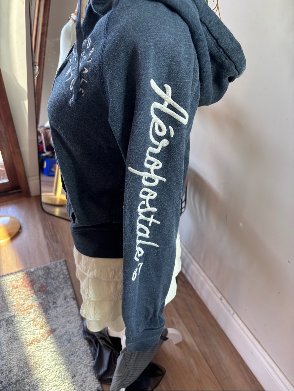 Aeropostale Women's Dark Navy Hoodie with White Script Sleeve Logo